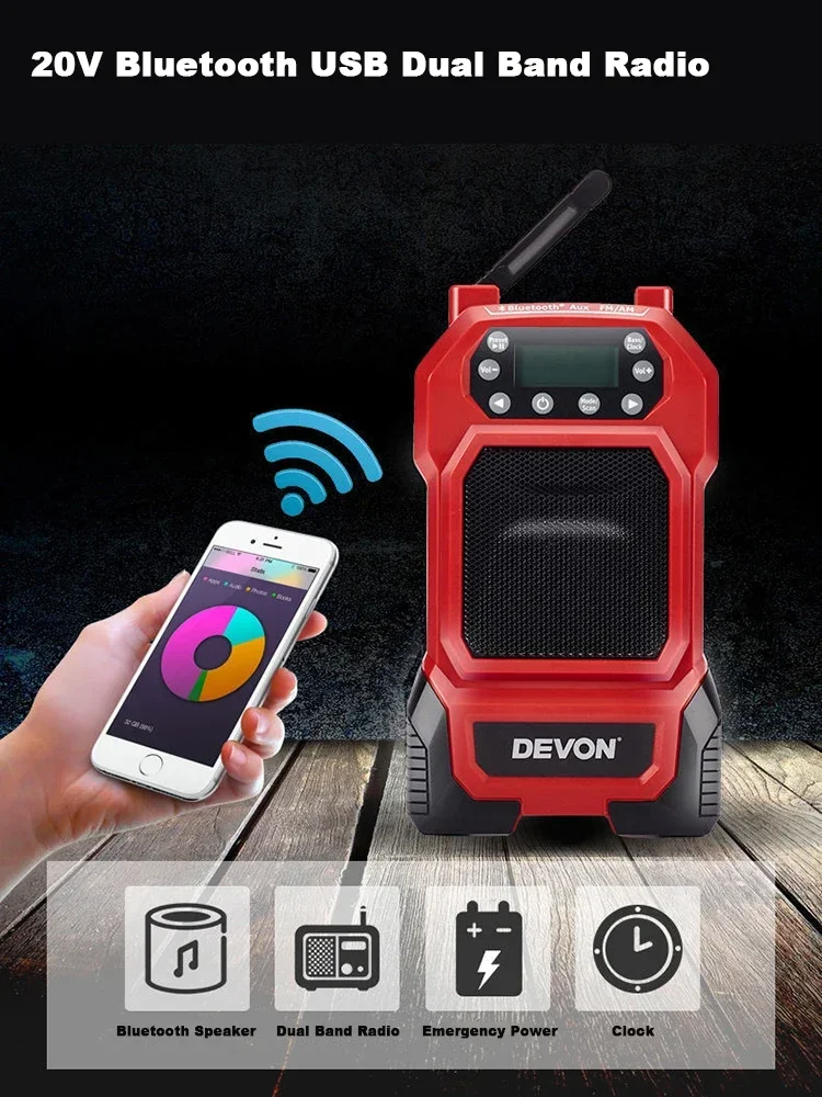 Devon 5935 20v Wireless USB Bluetooth Dual Band Radio External Speaker Emergency Power Charging Universal Flex Battery Platform