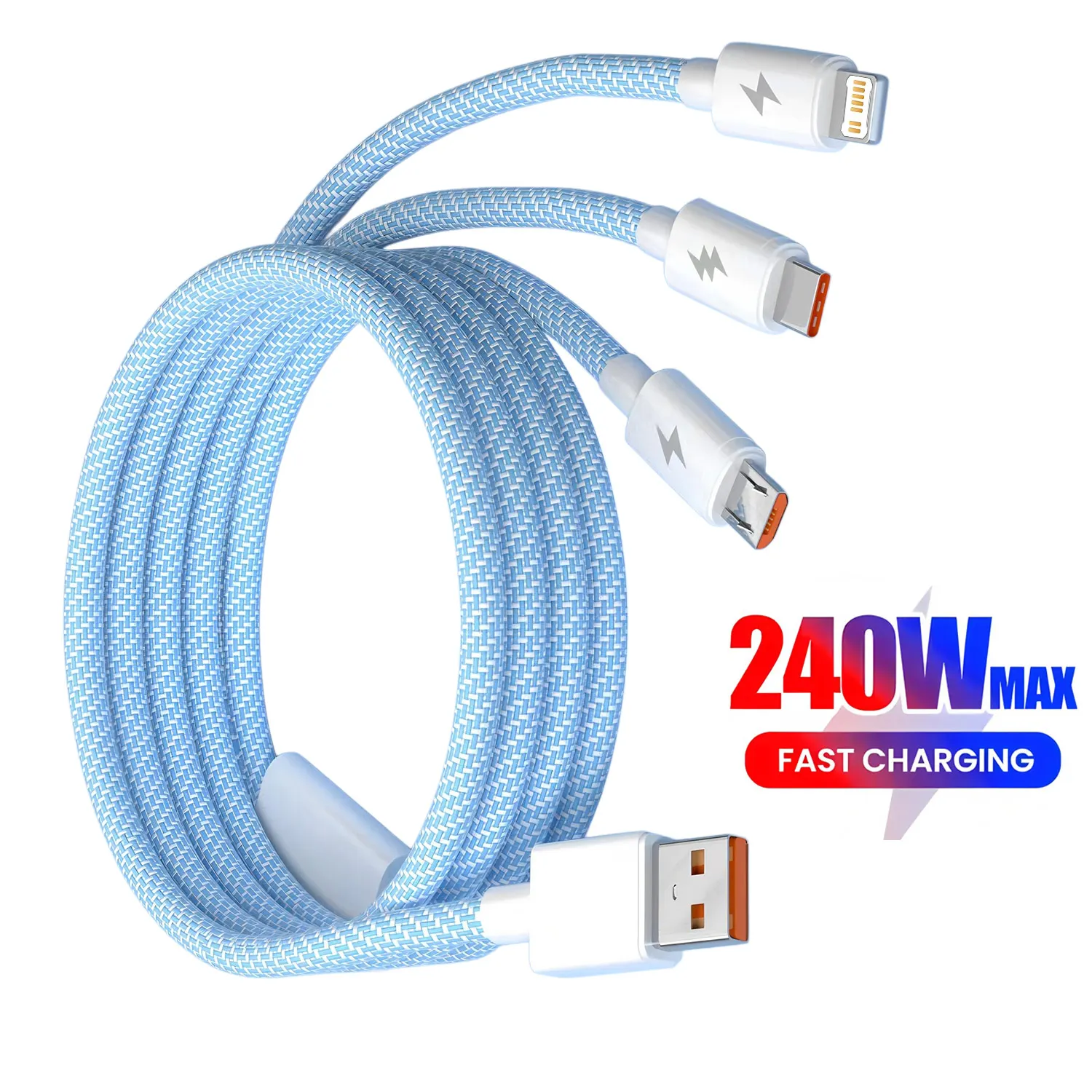 3 In 1 240w Transparent Fast Charging Cable Type C Usb Micro For Huawei OPPO Vivo Samsung Xiaomi Pilot Lamp Charger Usb C 5A