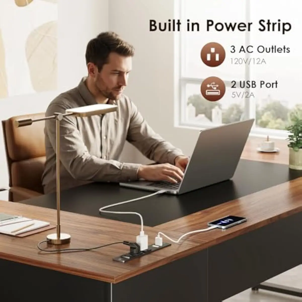 L Shaped Executive Desk 71 Inch Walnut Finish Modern Workspace with Built In USB AC Outlets Spacious Dual Surface Storage Drawer 6