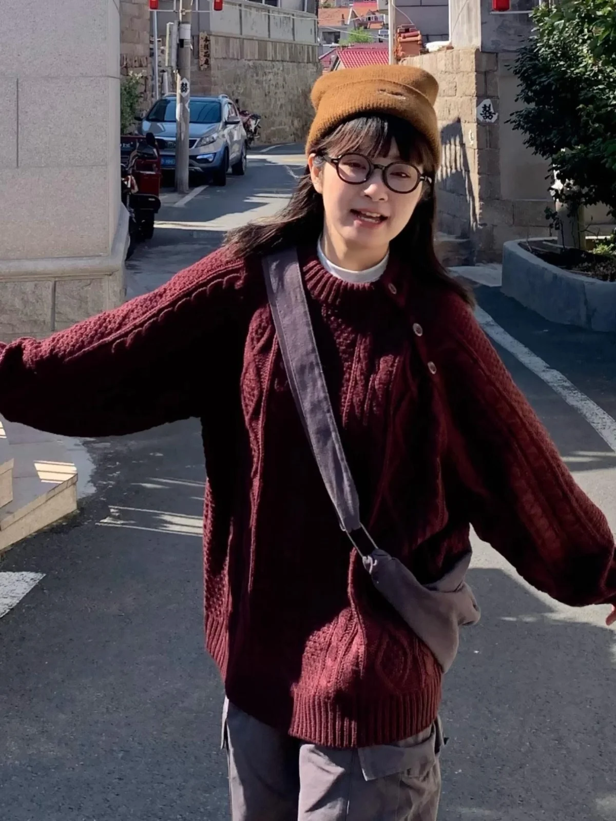 Cappotto maglione lavorato a maglia intrecciato rosso vino giapponese retrò Cappotto sciolto pigro Sle caldo sopra la testa per uomo e donna Autunno Inverno