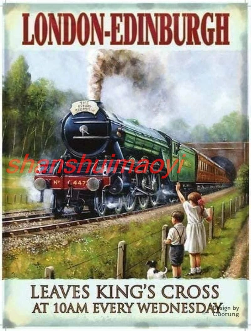 Man Cave Decor 8 X 12 Inch London - Edinburgh. The Flying Scots Train Portrait. Coming Out A Tunnel By Children In A Field. sign