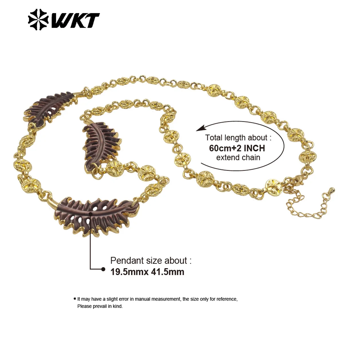 WT-JN351 New Arrival Feather Shape Grey Shell Charms With Brass Flower Engrave Yellow Brass Necklace For Friends Birthday Gifts