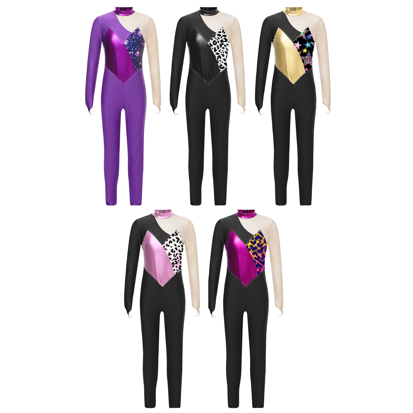 Children Figure Skating Jumpsuit for Girls Metallic Patchwork Printed Mock Neck Mesh Long Sleeve Bodysuit for Dance Gymnastics