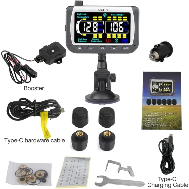 TPMS4B Real Time/24x7 Tire Pressure Monitoring System - Color Monitor + 4 at Sensors + Booster