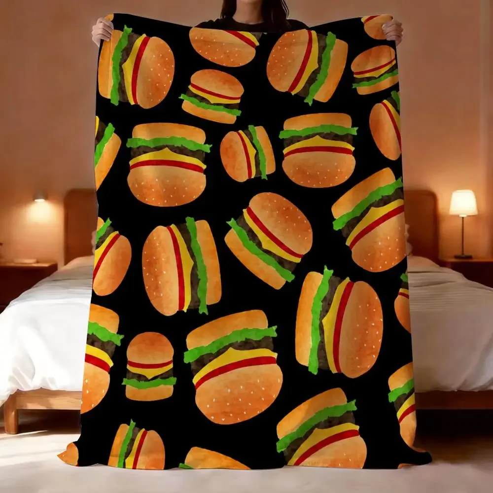 Humorous Burger Print Throw Lightweight 240g Flannel Blanket Soft Skin-friendly for Summer Cooling