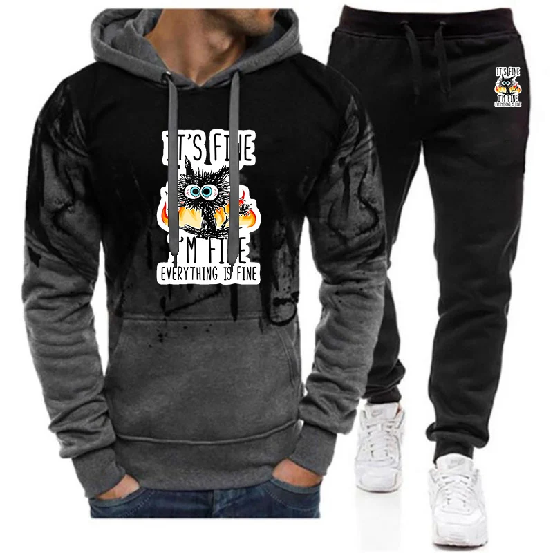 

Funny Cool Cat Spring And Autumn Men's Everything is Fine Logo Print 2025 Trendy Handsome Eye Catching Hoodies Pants Suits