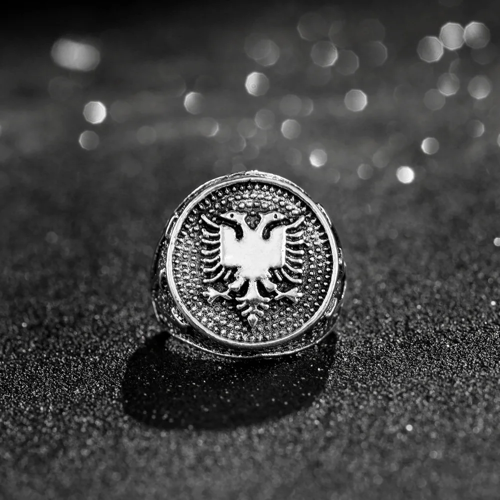 WANGAIYAO Albania Flag Logo Double Headed Eagle Ring Men\'s Antique  Vintage Ring