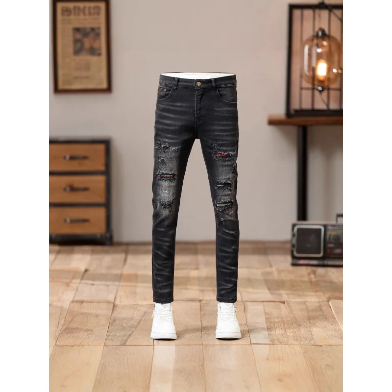 Scratched Hole Patch Black Gray Jeans Men's Retro American Fashion Brand 2025New Style Slim Fit Skinny Pants
