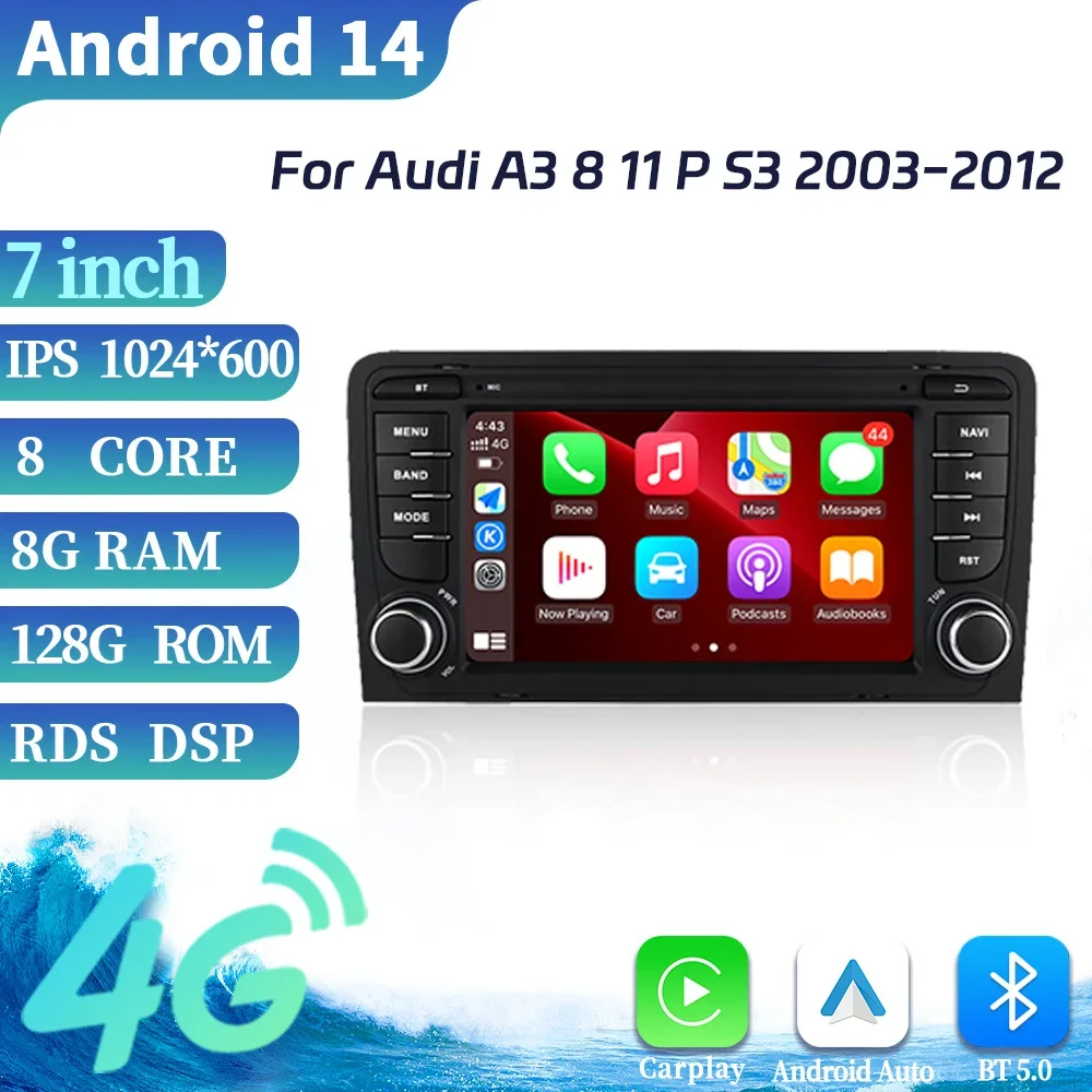 2 Din Android 12 Car Multimedia Apple Carplay For Audi A3 8 11 P S3 2003-2012 Sportback Radio GPS Navigation Stereo Screen