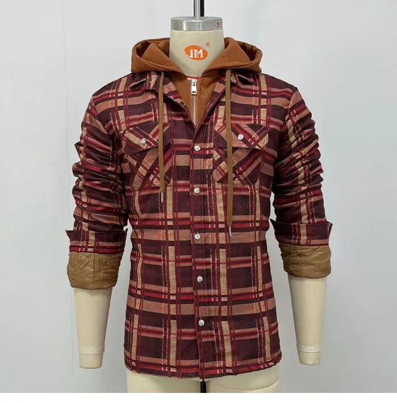 Men\'s Hooded Quilted Lined Fleece Shirt Jacket, Long Sleeve Plaid Button Up Jackets  Autumn and Winter Thick Coats