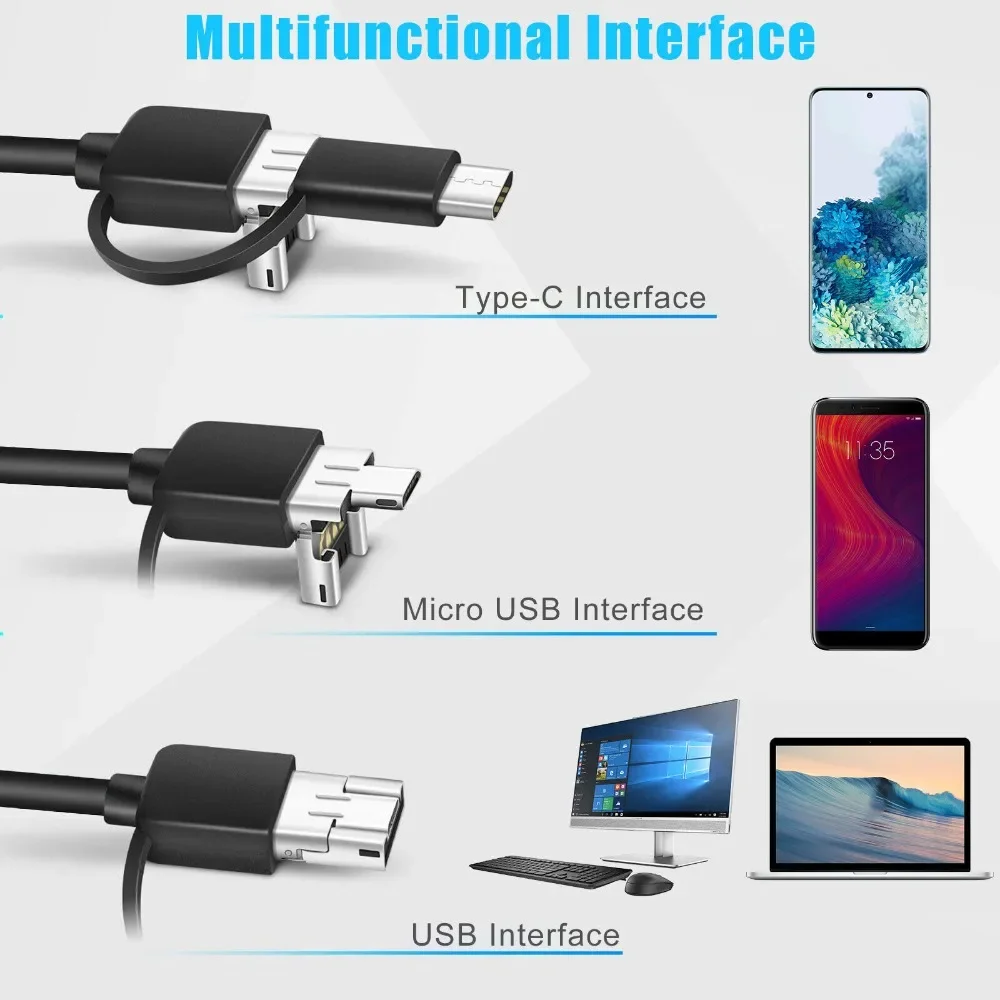 3in1 6LED USB Snake Endoscope Borescope HD Inspection Camera Scope Waterproof Industrial Endoscope for Android Type C