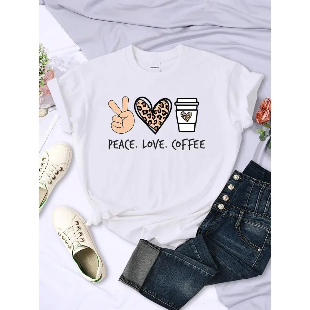 

High Quali Cotton Women's T-irts Peace Love Coffee Prints Cusizable Hand-Painted Design Faionable Casual Wear