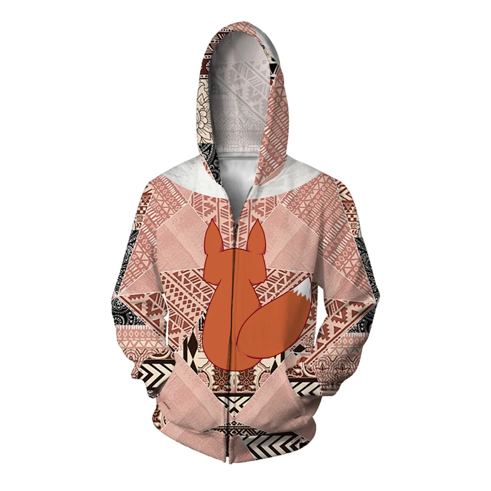 Autumn Men\'s Casual Hoodie Loose Hooded Sweatshirt Y2k Zip Up Hoodies Kitten and Fox Print Trendy New Sweatshirt Clothing