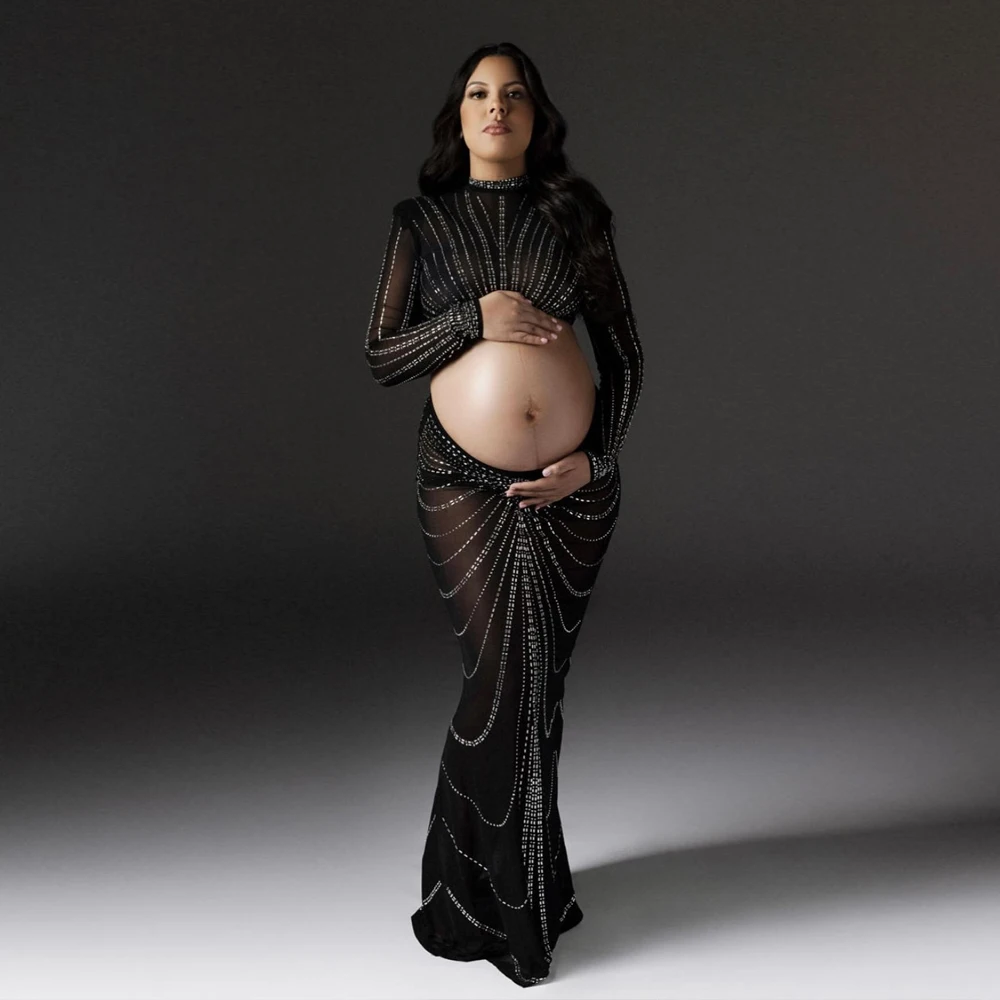 

Crystals Mesh Maternity Photography Props Outfit Full Sleeve Stretchy Pregnant Women Photoshoot Tops and Dress Sets