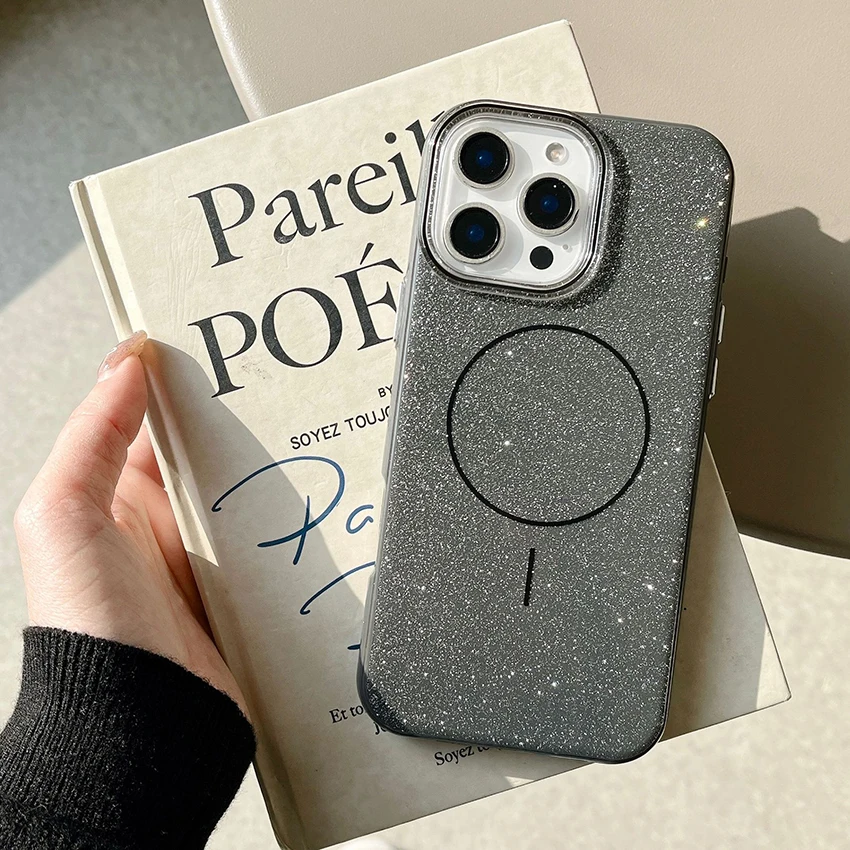 حافظة هاتف لامعة مغناطيسية لهاتف آيفون 17 16 15 14 13 برو 12 11 ماكس حلقة عدسة مطلية 16 برو ماكس 17 برو حافظة هاتف غطاء صلب