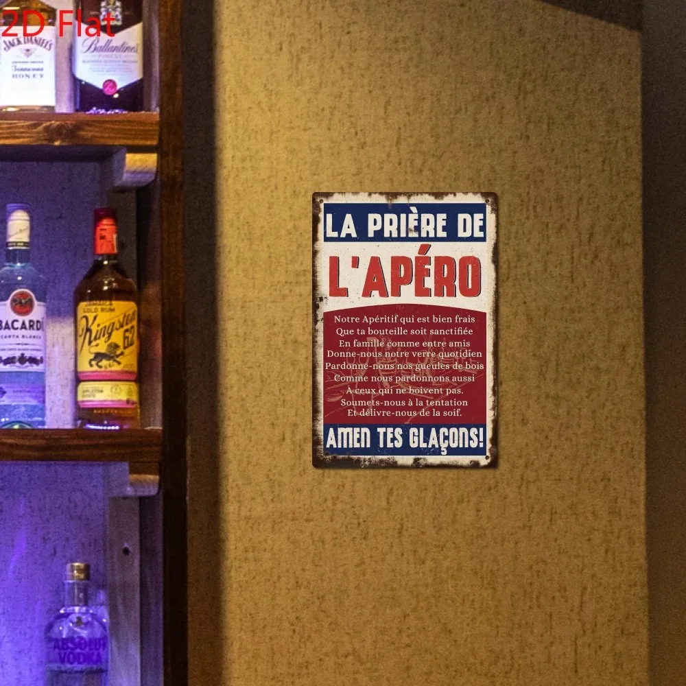 2D Flat Aluminum Rustic Vintage Putuo Decor Wall Sign La Priere De L'aperot French Text Plaque for Farmhouse Home Bar Pub Club