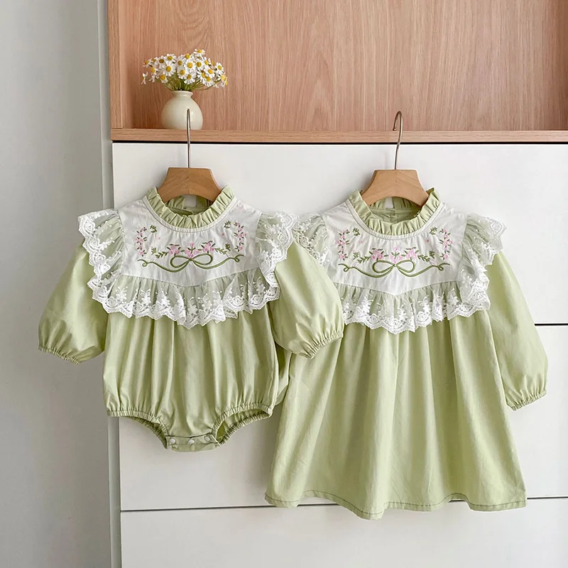 2026 New Spring Sister Dress 2-6Yrs Girl Party Dress Long Sleeved Cotton Embroidery Baby Girl Romper Kids Princess Dresses