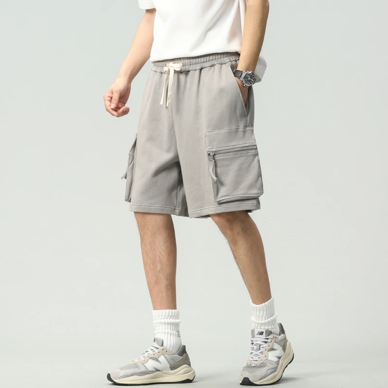 Men Japanese Style Loose Straight Multi Pocket Knit Casual Five Length Shorts Fashion Streetwear Daily Summer Pants