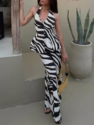 Imagen 1 del producto HH Conjunto de 2 piezas para mujer, cuello halter, bolsillo de un solo pecho, sin mangas, chaleco halter, tops + cintura alta, bolsillos con cremallera, pantalón de pierna ancha