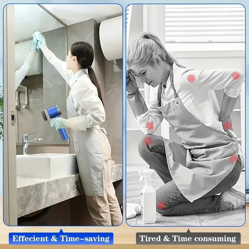 5-in-1 무선 전기 청소 브러시 ​​다기능 욕실 주방 청소 방수 회전 브러시 3 속도 5 헤드