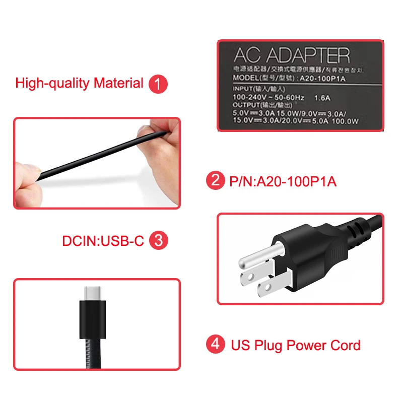 20V 5A 100W Type-C USB-C AC Adapter Power Laptop Charger For Asus ROG Flow Z13 (2022) GZ301 GZ301ZE GZ301ZC GZ301ZA / X13 (2022)