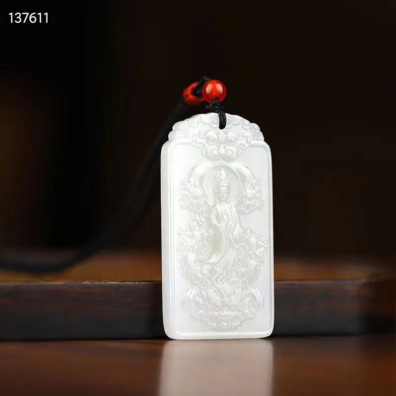 

Natural 100% real white hetian jade carve Kowloon Guanyin Bless peace pendant necklace jewellery for men women gifts luck