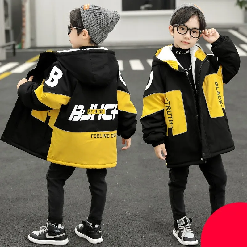 Winter Warm Boys Patchwork Alphabet Fleece Lined Zip Long Puff Jackets School Kids Windbreaker Parka Child Coat Outfits 3-16 Yr