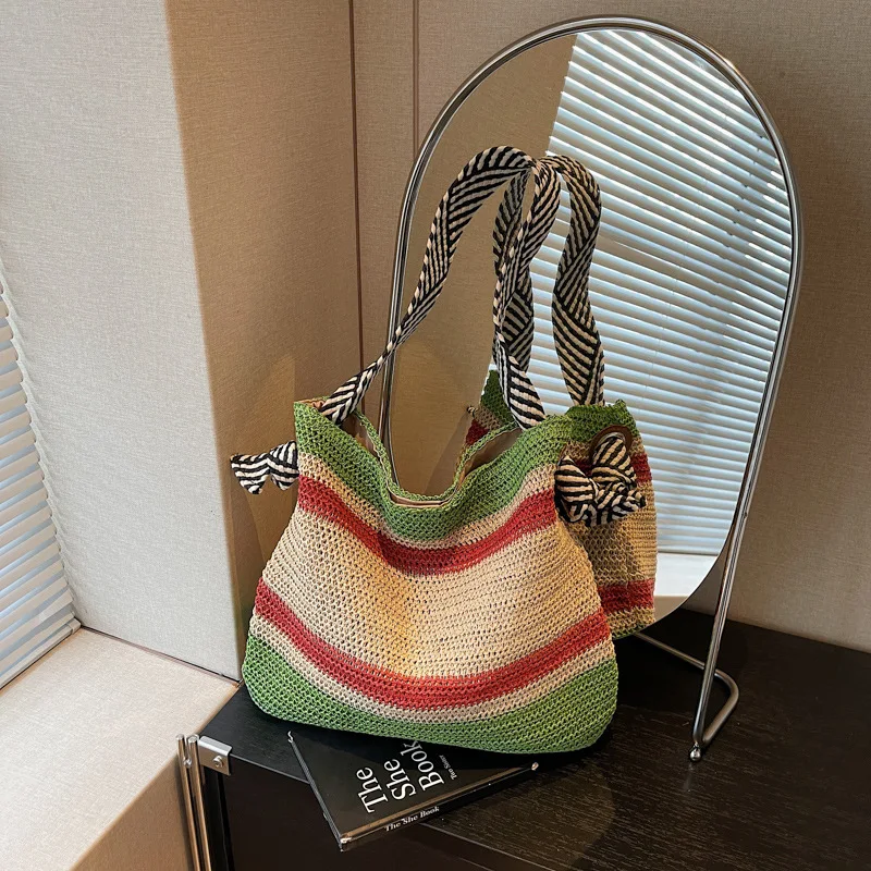

New Summer Beach Shoulder Bag Colorful Woven Straw Tote Bag for Women Large Capacity Fashionable and Versatile Commuting Bag