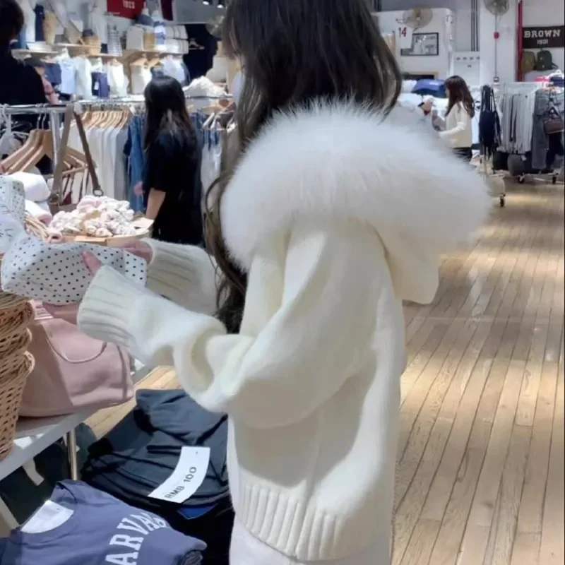 2025 Fashion Autumn Winter Casual Hooded Real Fox Fur Collar Fashion Short Knitted Jacket with Natural Fur Coat for Women