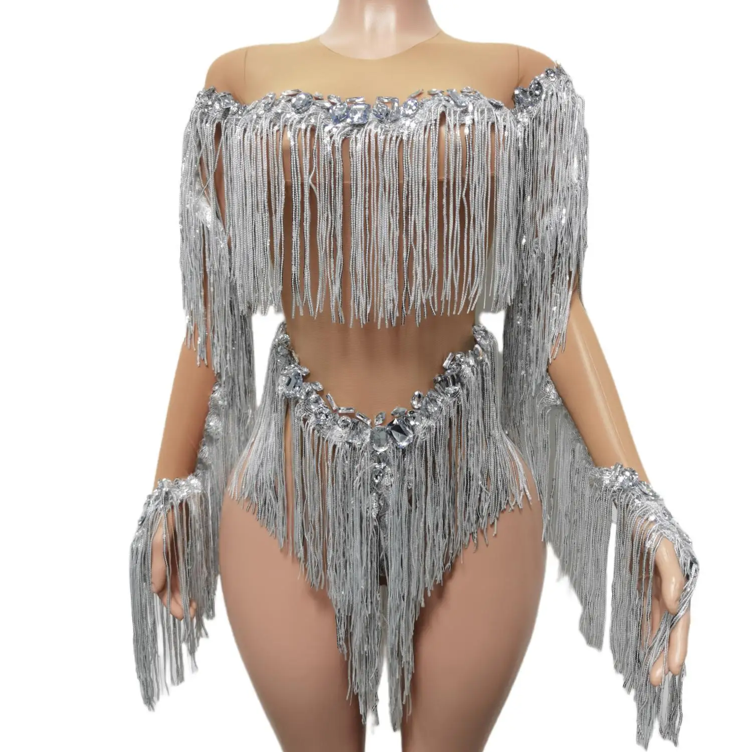 Silver Sparkly Rhinestone Fringe Bodysuit Women Sexy Dancer Show Celebrate Outfit Prom Birthday Party Nightclub Costumes Weixiao