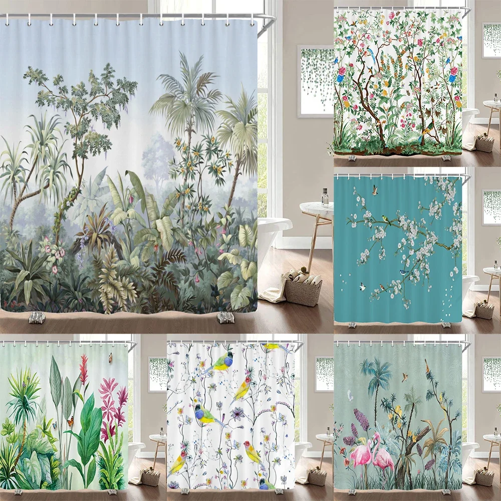 Duschvorhang mit tropischem Dschungelvogel, Flamingo, Palmblatt, mehrere Stile, Aquarell, botanischer Blumen- und Wildtierdruck, wasserdichter Stoff