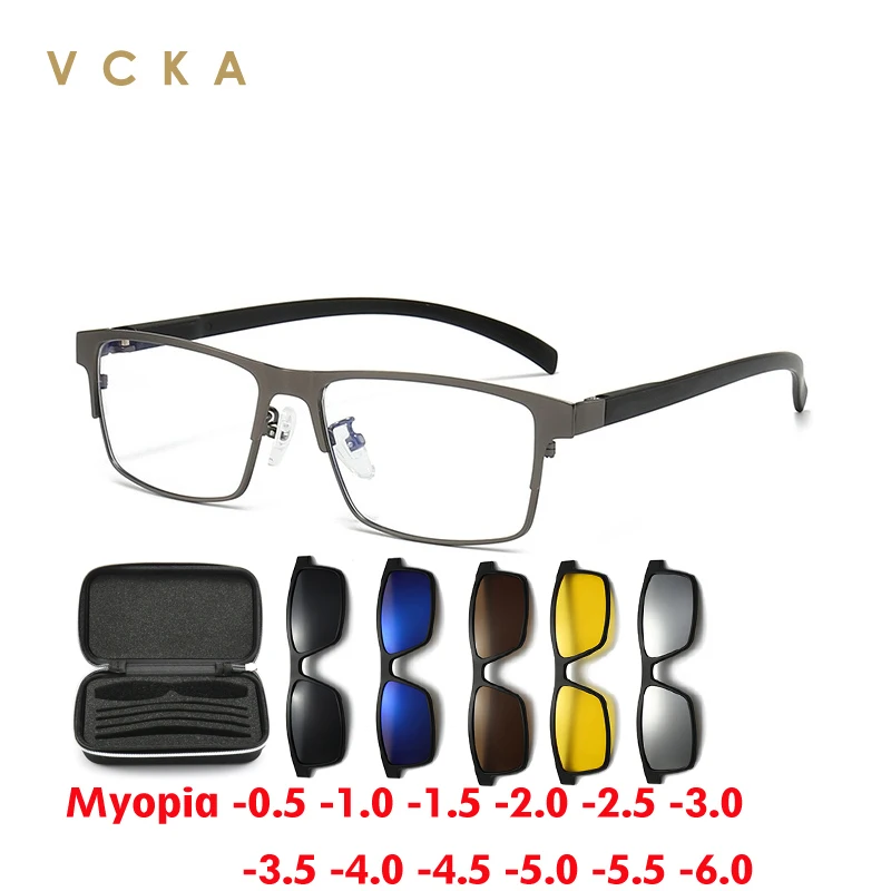 

VCKA 6 In1 Full Frame Polarized Myopia Sunglasses Men Women Magnetic Clip Glasses Alloy Optical Prescription Eyewear-0.5 to -6.0