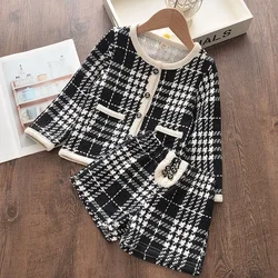 2024 New Girls Clothing Set New Brand Girl Clothes Long Sleeve Plaid Kids Suit Top+Pant 2PCS Elegant Children Clothing Outfit