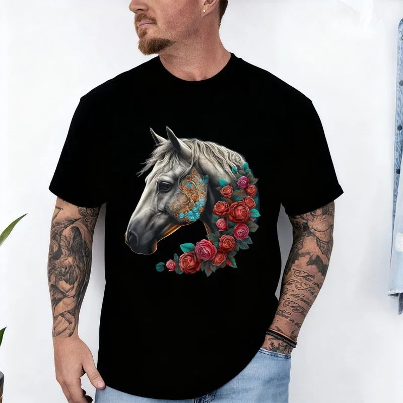 Horse Mandala Flower Animal Motif Horse Cotton T-Shirt Men and Women Crew Neck Short Sleeve Soft Casual Outdoors Fashion Tees