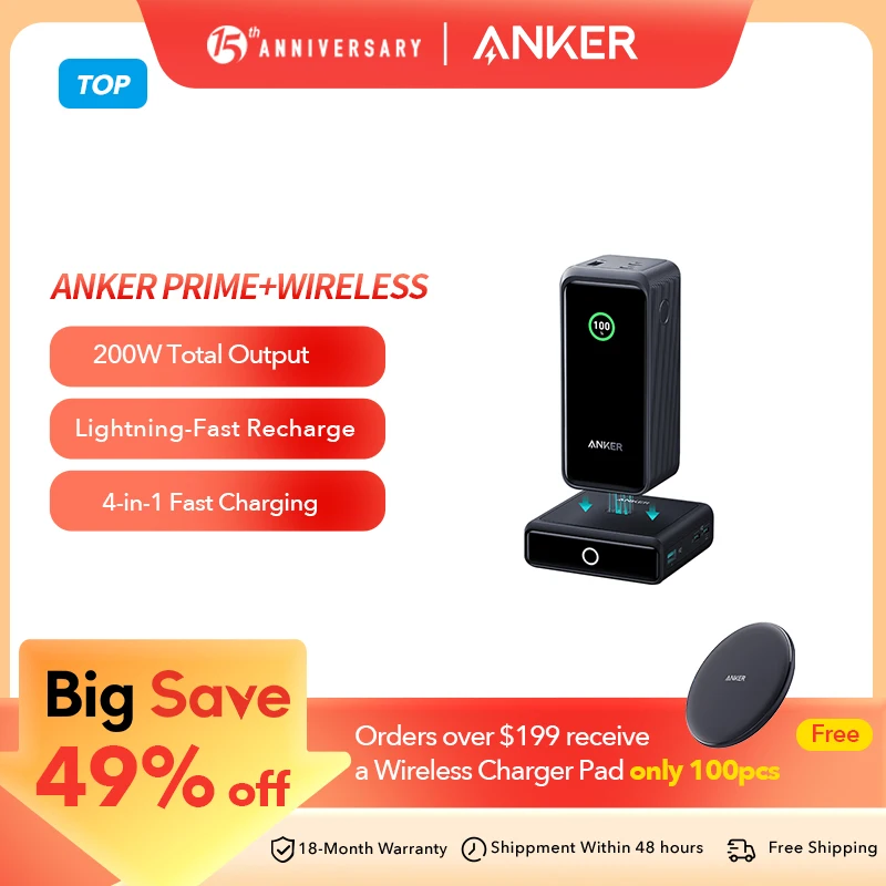 Anker Prime Power Bank 200W 20,000mAh Portable Charger 3-Port with 100W Charging Base Smart Digital Display