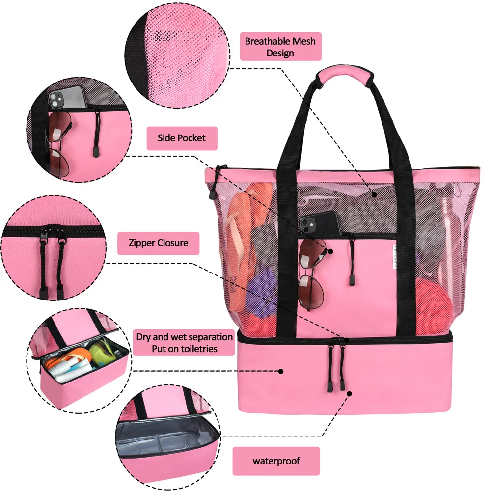 Double-layer Heat Preservation Picnic Beach Bag Women Mesh Transparent Swim Storage High Capacity Shopping Waterproof Bags Tote