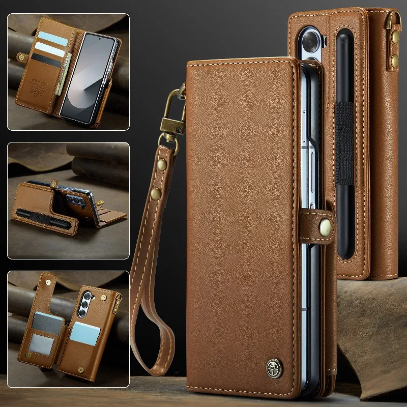 

Creative Magnetic Flip Phone Cover For Samsung Galaxy Z Fold6 Leather Lanyard Protective Case With Pen Slots(Excluding Pen)