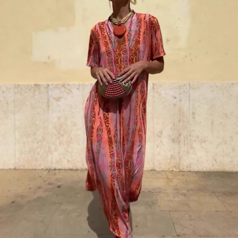 فستان بلوفرات بأكمام قصيرة مطبوع بنمط عتيق فستان صيفي جديد فضفاض برقبة على شكل حرف v فستان أنيق للسيدات غير رسمي للتنقل فستان طويل