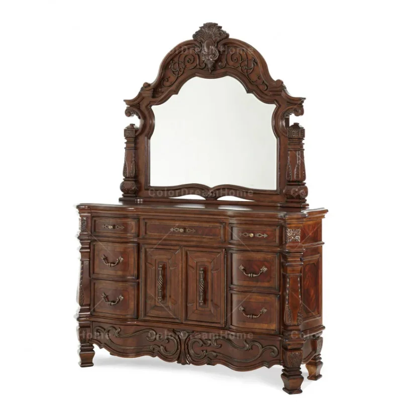 custom.Antique Design Bedroom Furniture Classic America Style Bedroom Decor Handmade Solid Wood Carved Dresser with Mirror view 2