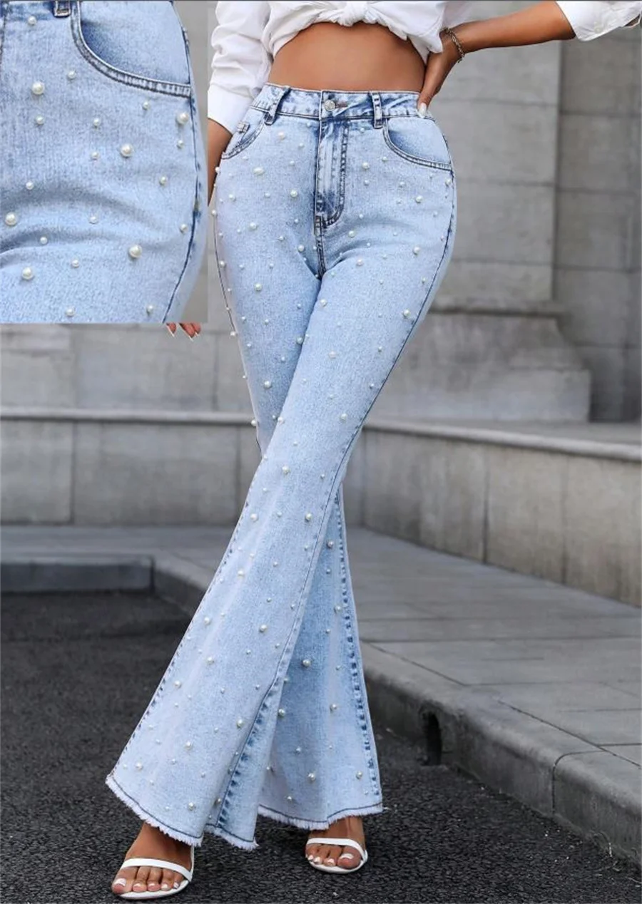 Benuynffy Pearl Beading Retro Flare Jeans Women's Spring and Autumn Elastic Casual Streetwear High Waisted Bell Bottom Trousers