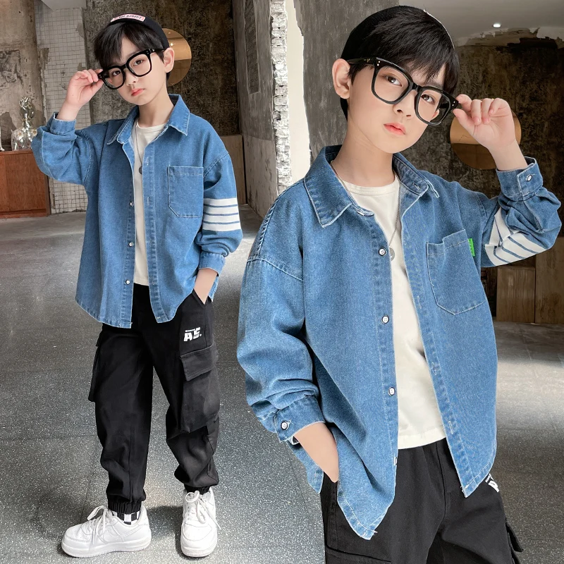 Boys' Denim Shirt 2024 New Style Children's Middle And Large Long Sleeve Spring And Autumn Fashion Overshirt