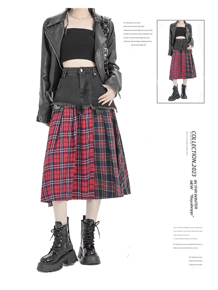 

Women's Patchwork A-line Plaid Denim Skirt Vintage 90s Aesthetic Y2k Long Skirt Harajuku Korean Skirt 2000s Clothes Summer 2024