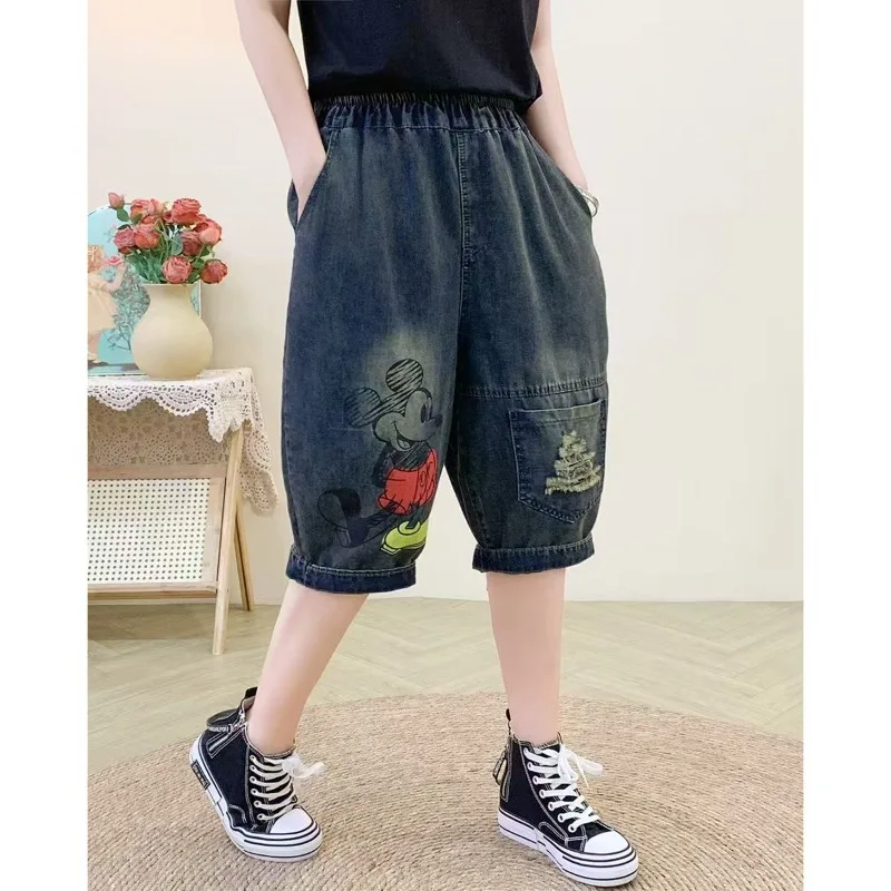 

Women's Mickey Print Six-Point Denim Jeans 2026 Summer Thin Style Elastic Waist Loose Casual Versatile Harem Capri Pants hoodies