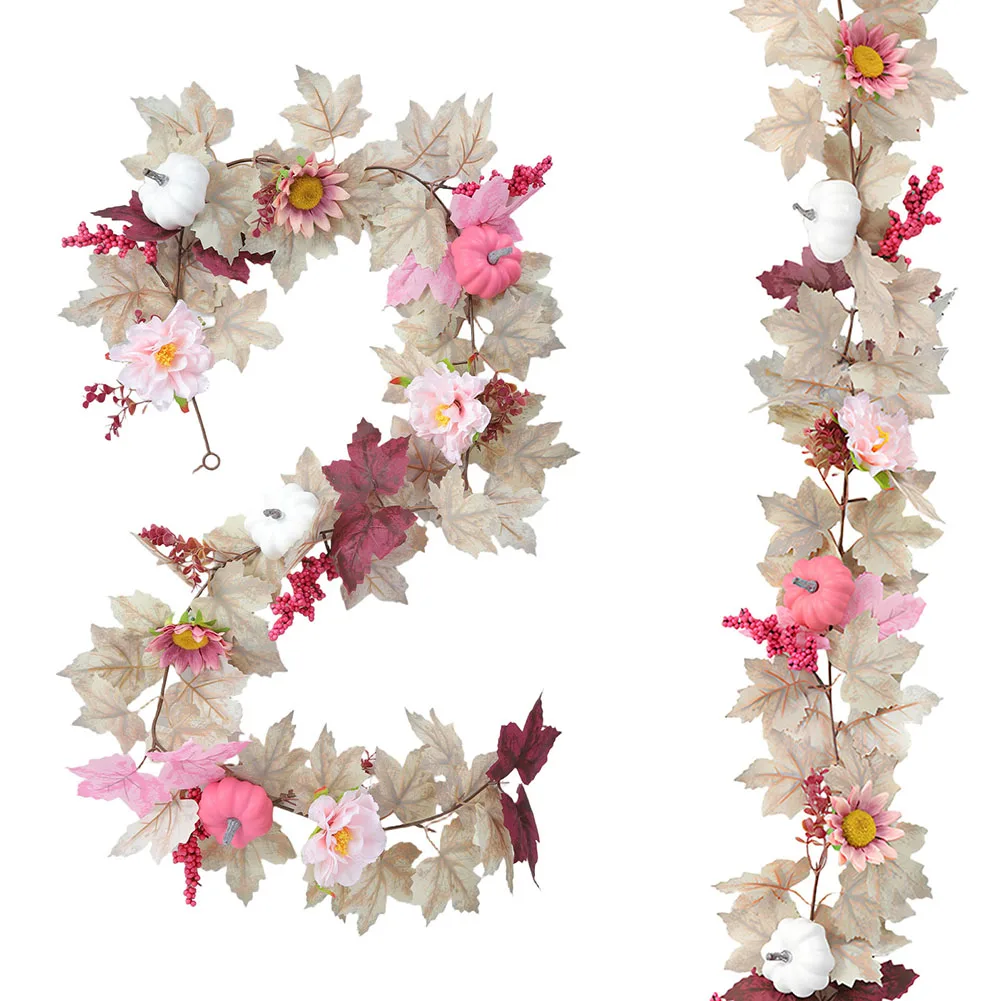 

1 Pcs Artificial Floral Garland 71 Inches (180 Cm) Artificial Floral Garland With Pink Flowers & Pumpkins For Fall Decorations