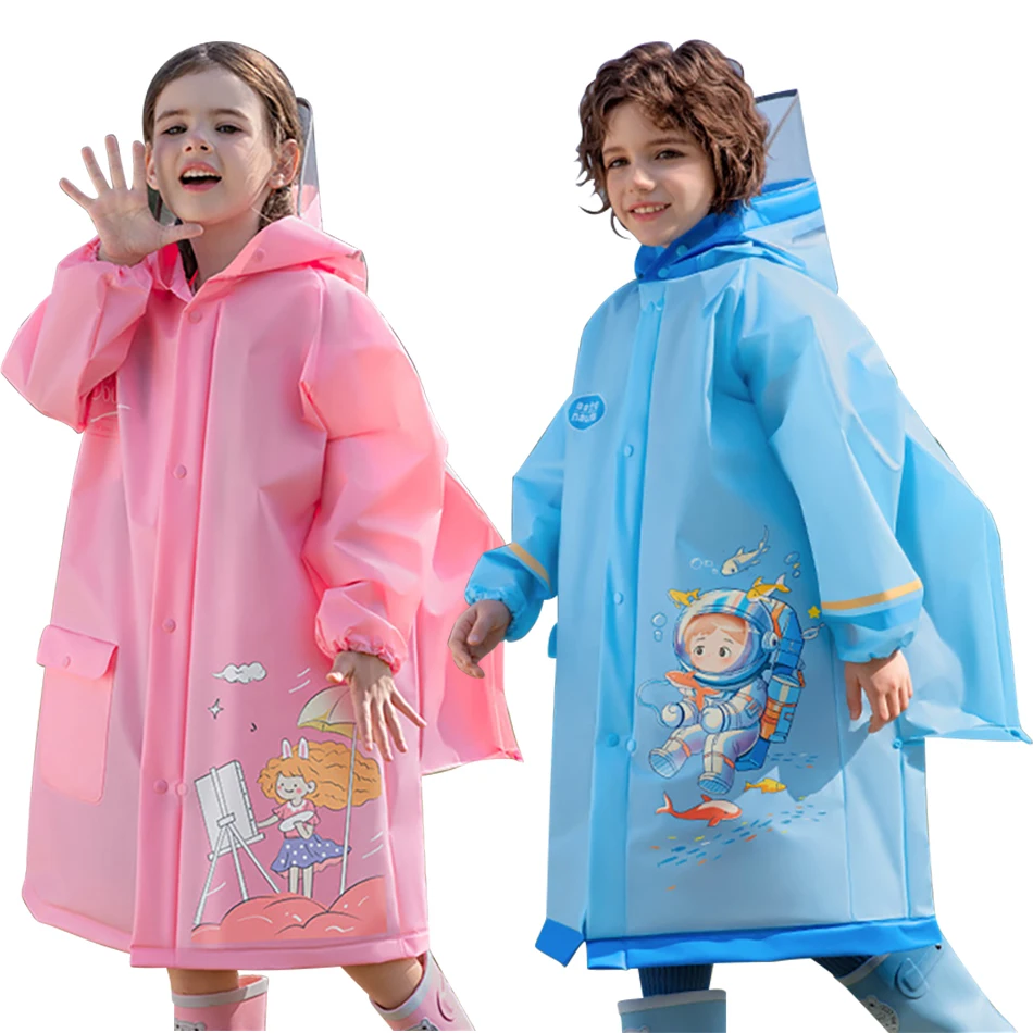 Rainy Day Cartoon Pattern Unisex Children Waterproof Raincoat with Adjustable Hood and Backpack Cover Perfect for Boys and Girls