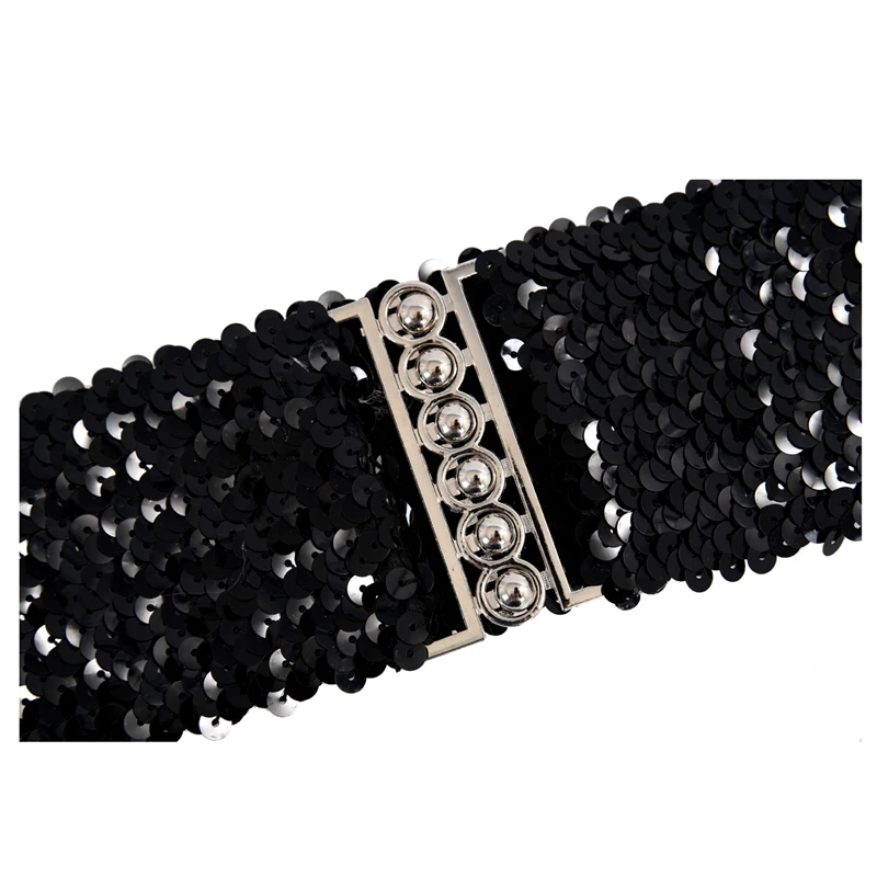 2 Pcs Women Rhinestones Accent Butterfly Hook Buckle Black Elastic Cinch Waist Belt - 56X7cm & 58X5cm image 3