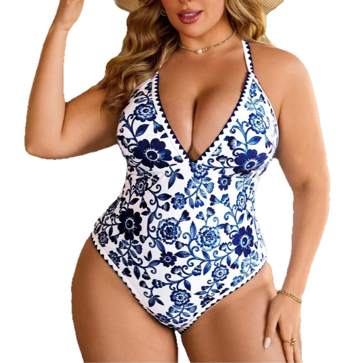 Plus Size One Piece Swimsuit Women Halter Deep V Neck Blue Floral Print Bathing Ruched Tummy High Cut Swimwear for Beach Pool