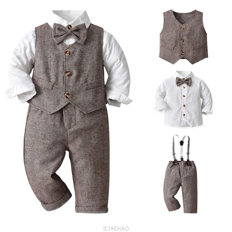 

2025 Fall Boys Suit Vest Set Cotton Long Sleeve Shirt Suspenders Pants 3 Piece Outfit European Style Kids Formal Wear Autumn