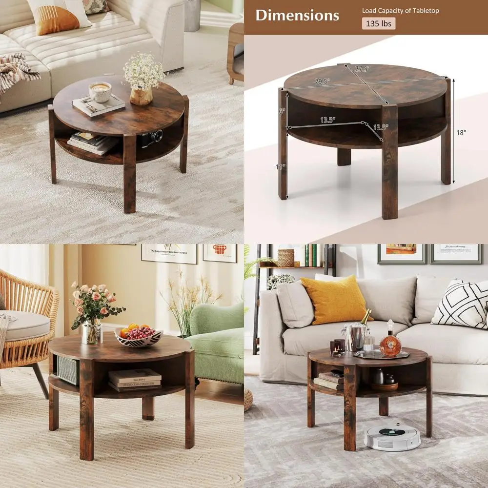 

Round 2-Tier Coffee Table with Storage Shelves, 29.5 for Small Spaces, Living Room (Rust)