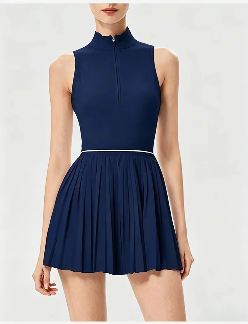 Damen-Tenniskleid mit Reißverschluss, Polokragen, integriertem BH und kurzen Ärmeln, atmungsaktives, ärmelloses Golf- und Sportkleid, schnelltrocknend, dehnbar, ideal für sportliche Aktivitäten. – Detail 19